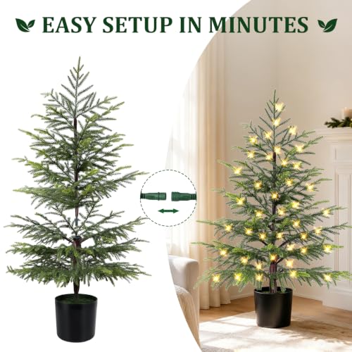 2-Pack 4FT Prelit Norfolk Pine Christmas Trees with LED Lights - Real Touch Artificial Cedar for Indoor Outdoor Decor