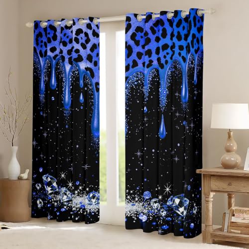 Black Royal Blue Leopard Print Blackout Curtains 2 Panel Set - 76W x 45L Inches