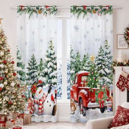 Christmas 01 Snowman Red Truck Holiday Window Curtain Set - 52 x 84 Inches, 2 Panels