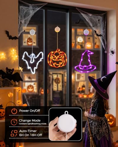 Halloween Window Lights Set - Pumpkin, Ghost & Hat with Timer & Suction