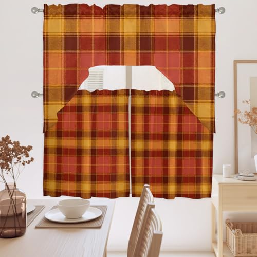 Burgundy & Warm Ochre Plaid Kitchen Curtains Set - 3 Piece Farmhouse Swag & Tier