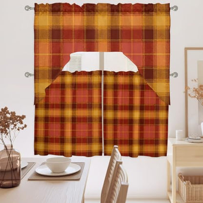 Burgundy & Warm Ochre Plaid Kitchen Curtains Set - 3 Piece Farmhouse Swag & Tier