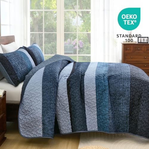King Navy Blue Striped Quilt Set - 3-Piece Boho Bedding with Shams
