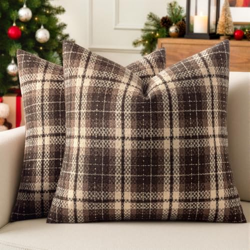 18x18 Inch Tartan Plaid Throw Pillow Covers Set of 2 Coffee Brown Fall