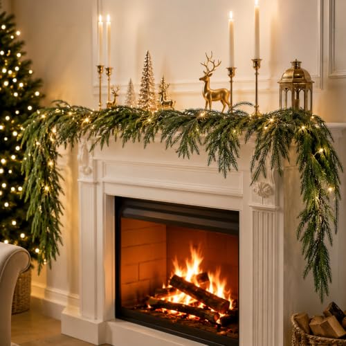 9FT Christmas Norfolk Pine Garland with 20 LED Lights - Real Touch Greenery, Battery Powered