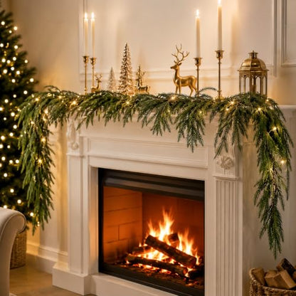 9FT Christmas Norfolk Pine Garland with 20 LED Lights - Real Touch Greenery, Battery Powered