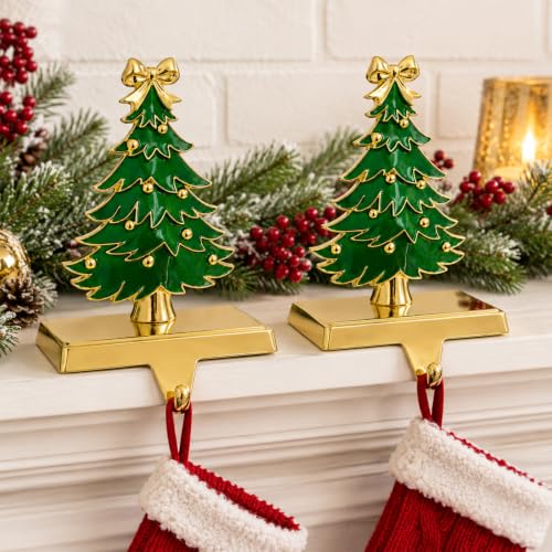 Heavy Gold Christmas Stocking Holders for Mantle - Green - 2 Pack
