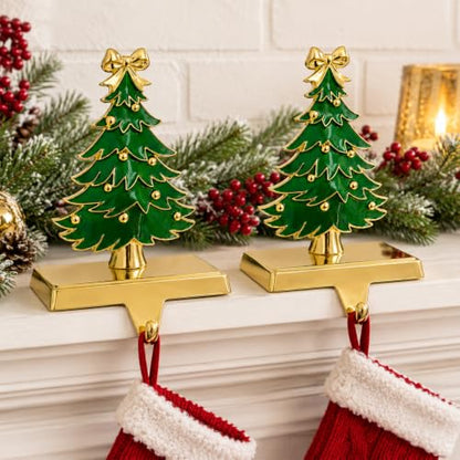 Heavy Gold Christmas Stocking Holders for Mantle - Green - 2 Pack