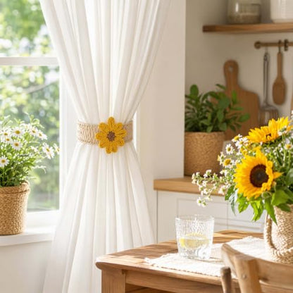 Yellow Flower Curtain Tiebacks 2 Pack Rope Woven No Drill Boho Rustic Home Decor