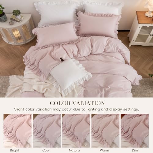 Ruffle Duvet Cover Set Queen 100% Washed Cotton Linen Feel Grayish Pink