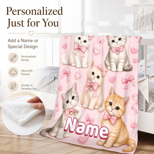 Personalized Girls Cat Blanket Pink Bow - Custom Kids Throw