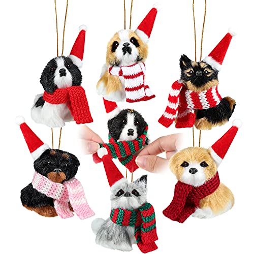 Christmas Dog Ornaments Set - Mini Fur Decor with Santa Hats & Scarves