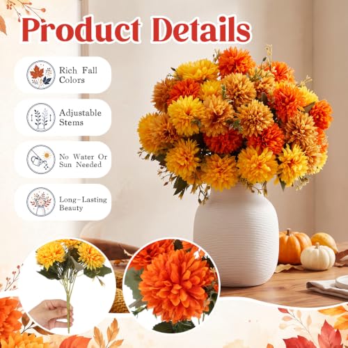 Artificial Fall Flowers Faux Silk Pompom Mums 24 Pack Autumn Decor