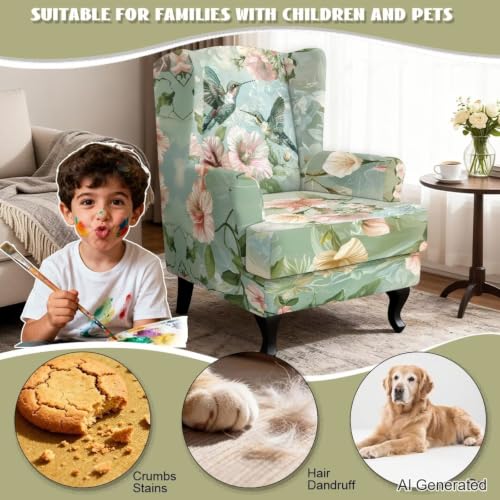 Green Hummingbird Slip Cover for Wing Back Chair 2 Piece Furniture Protector