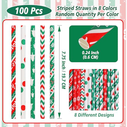 Green Christmas Paper Straws - 100 Pack for Holiday Parties & DIY Decorations