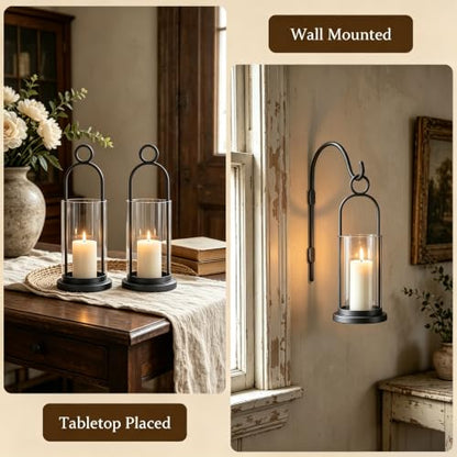 Black Wall Candle Sconce Set of 2 - Modern Hurricane Candle Holders