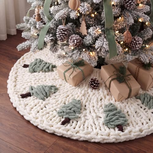 48-Inch Chunky Knit Christmas Tree Skirt Beige with Tree Pattern - Holiday Decor