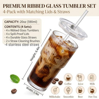 4 Pack 20oz Ribbed Glass Iced Coffee Cups with Lids & Straws - Clear