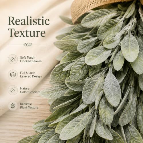 All-Season Farmhouse Flocked Lambs Ear Teardrop Swag with Burlap Bow, Rustic Door Decor