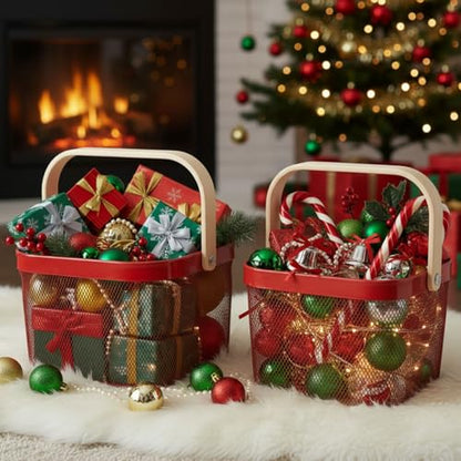 Heavy-Duty Metal Mesh Basket with Handle - 9.65 x 9.65 x 7.09 Inch Red Christmas Garden Storage Basket Set