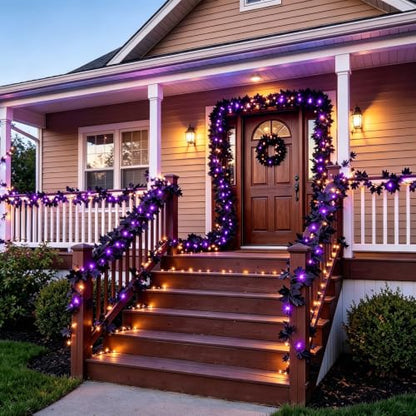 Black Maple Leaf Garland with Purple LED String Lights - Halloween Decor
