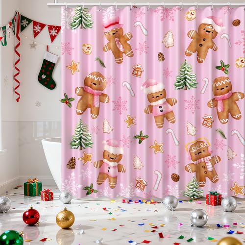 Pink Christmas Gingerbread Man Shower Curtain 72x72 Inches - Waterproof Bathroom Decor