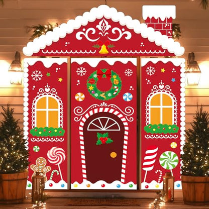 Christmas Gingerbread House Decorations Set with Door Covers & Backdrop - Holiday Porch Signage
