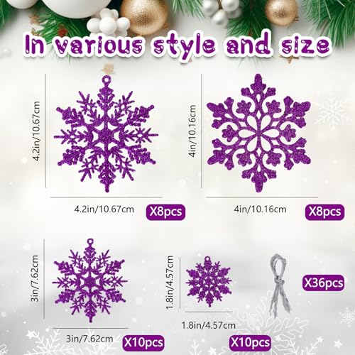 36pcs Deep Purple Snowflake Christmas Ornaments - Hanging Holiday Decor