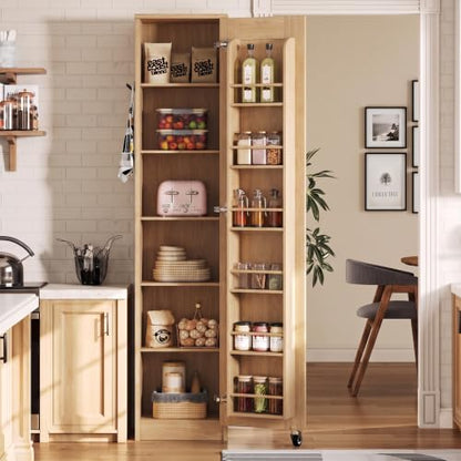 IRONCK Narrow Kitchen Pantry Cabinet - 72" Tall, Natural Wood Finish, Slim Storage
