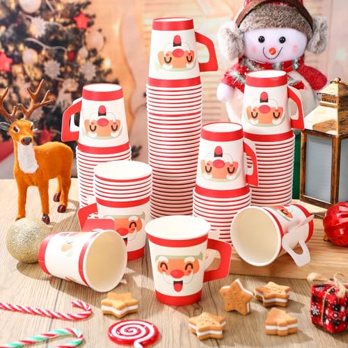 Santa Christmas Paper Coffee Cups with Handles - 100 Pcs