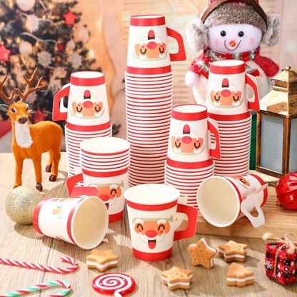 Santa Christmas Paper Coffee Cups with Handles - 100 Pcs
