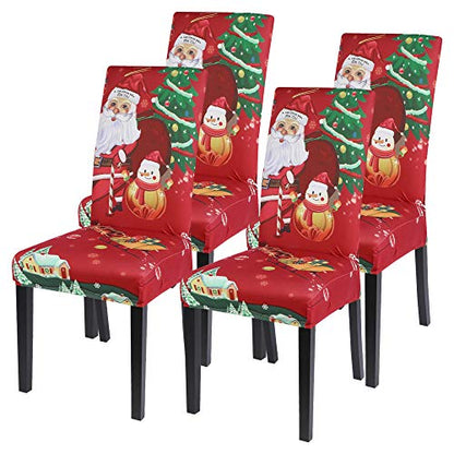 Christmas Dining Chair Covers Set of 4 - Santa Claus Holiday Protectors, Stretch Washable Spandex