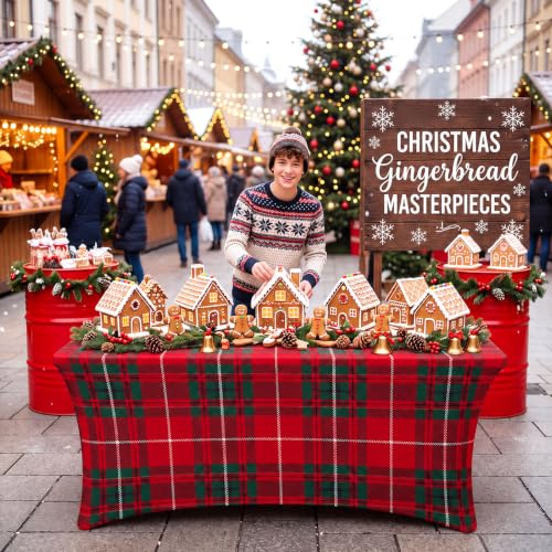 Christmas Plaid Spandex Tablecloth 6FT Red and Green Plaid - Fitted Holiday Table Cover - Variation: Plaid