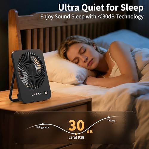 Lerat Portable Desk Fan Black - Rechargeable USB Mini Fan with LED Display, 5 Speeds, Foldable & Ultra-Quiet for Travel & Office