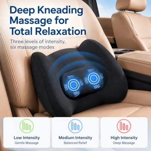 Car Lumbar Support Pillow with Massage & Heat - Black - Ergonomic Cushion
