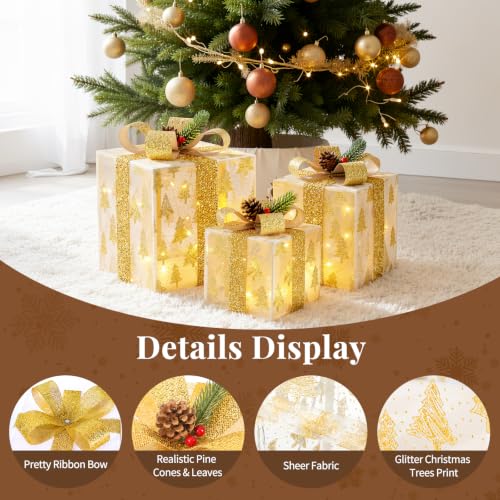 Lewondr Golden Christmas Lighted Gift Boxes Set - Glitter Xmas Tree Pattern, USB Powered with Remote Control