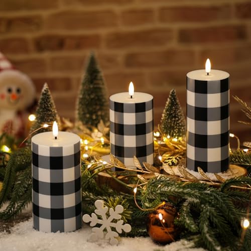 3 Pcs Christmas Buffalo Plaid Flameless Candles - Black & White Holiday Decor