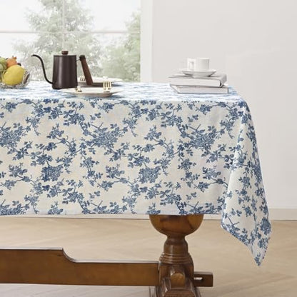 Blue Floral Cotton Linen Rectangle Tablecloth 55x120 Inches - Rustic Decor
