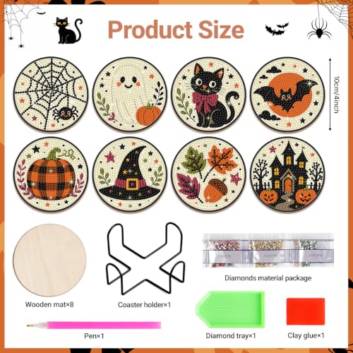Halloween Diamond Art Coasters Set with Holder - Ghost Pumpkin Black Cat - DIY Wooden Craft Kit - Halloween Decorations & Gifts - Halloween-2