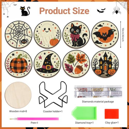 Halloween Diamond Art Coasters Set with Holder - Ghost Pumpkin Black Cat - DIY Wooden Craft Kit - Halloween Decorations & Gifts - Halloween-2