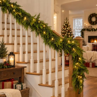 9FT Pre-Lit Christmas Garland with Lights, Real-Touch Cedar Greenery, Large Branches - Indoor Outdoor Decor