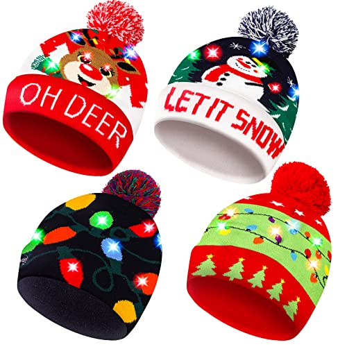 4 Pack Christmas LED Beanie Hat with Colorful Flashing Lights - Holiday Xmas Party Wear