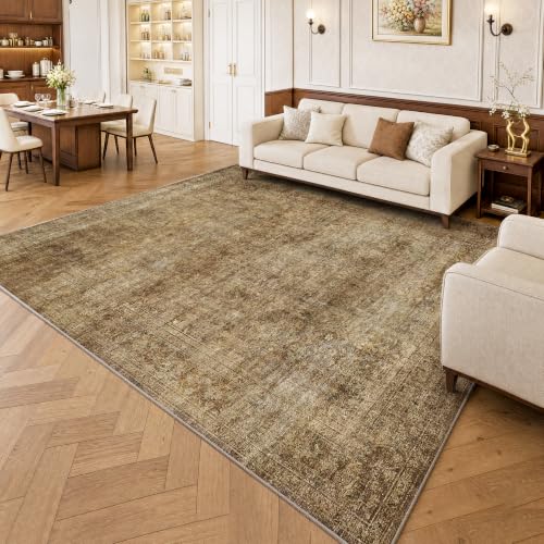 8x10 Brown Neutral Vintage Distressed Area Rug for Bedroom - Washable, Non Slip