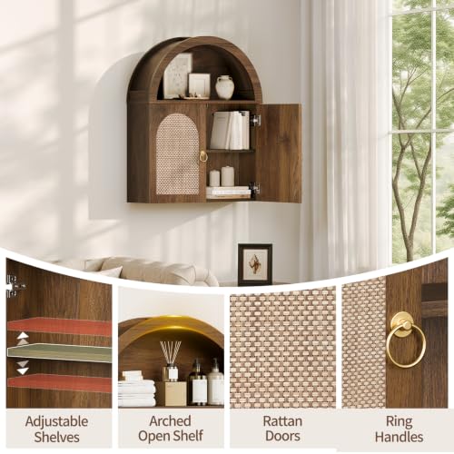 Walnut Arched Bathroom Wall Cabinet with Rattan Doors and Adjustable Shelves