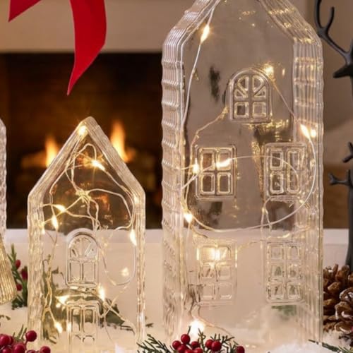 Christmas Glass Village Decoration Set with LED Lights - 3 Pieces