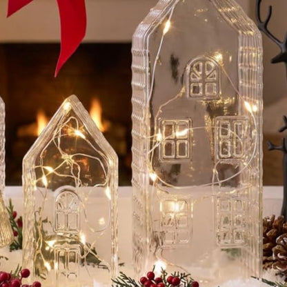 Christmas Glass Village Decoration Set with LED Lights - 3 Pieces