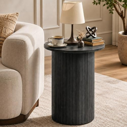 Giantex Round Side Table - Fluted Mid-Century Modern Drum End Table, Black