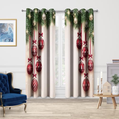 Christmas Blackout Curtains Set of 2 - Fir Twigs & Vibrant Balls, 42 x 63 Inches, Grommet Holiday Drapes