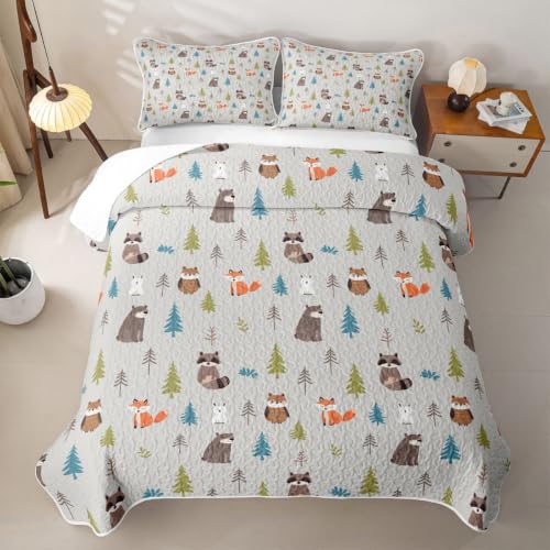Woodland Animals Quilt Set Queen Gray Brown Kids Bedspread Nursery Cute Fox Bear Raccoon