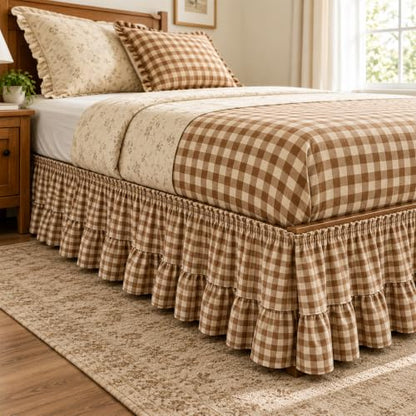 Brown and White Gingham Bed Skirt with Ruffles, 16-Inch Drop